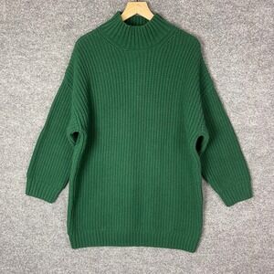 NEW GAP Women Green High Neck Ribbed Knit Oversized Sweater Tunic Top L